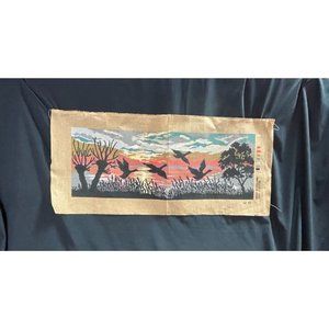 Vtg NeedlePoint Canvas Tapestry Geese Sunset Trees Made in Holland Large